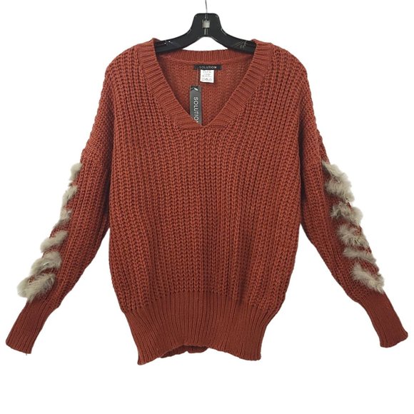 Solution Cable Knit V Neck Sweater One Size Long Sleeve Brown Faux Fur Trim - Picture 1 of 16
